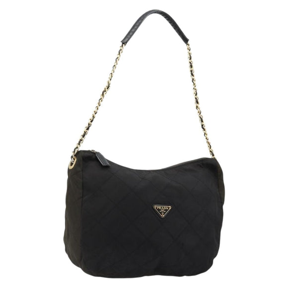 PRADA Schoudertas met Ketting Nylon Zwart Goud Auth bs34879A