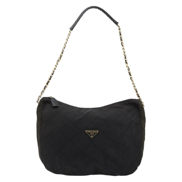 PRADA Schoudertas met Ketting Nylon Zwart Goud Auth bs34879A