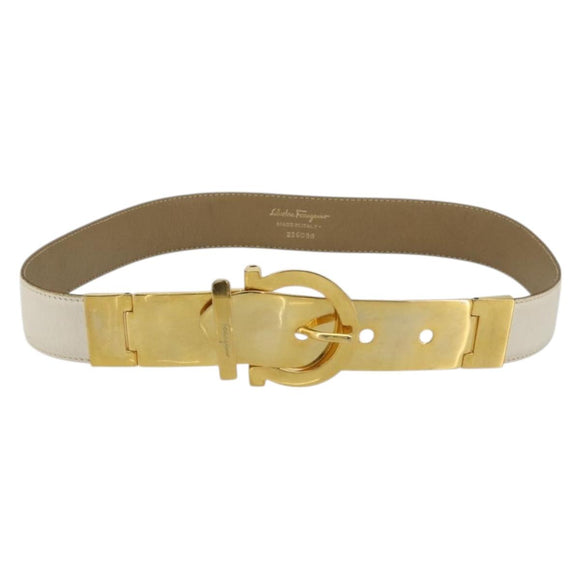 Salvatore Ferragamo Gancini Belt Leather 29.9"" White Gold Auth bs34881A