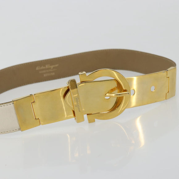Salvatore Ferragamo Gancini Belt Leather 29.9"" White Gold Auth bs34881A