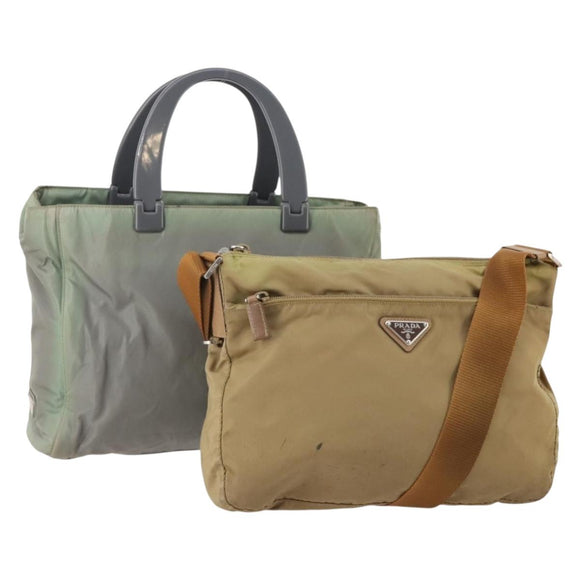 PRADA Shoulder Bag Nylon 2 Set Beige Gray Auth bs34887