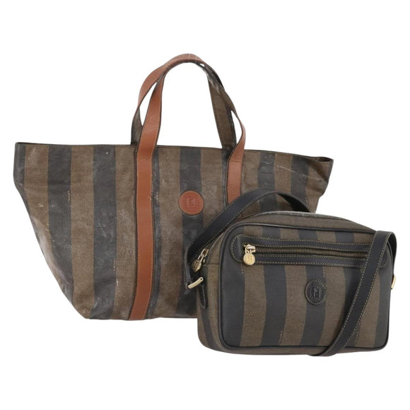 FENDI Pecan Canvas Shoulder Bag PVC 2 Set Black Brown Auth bs34895