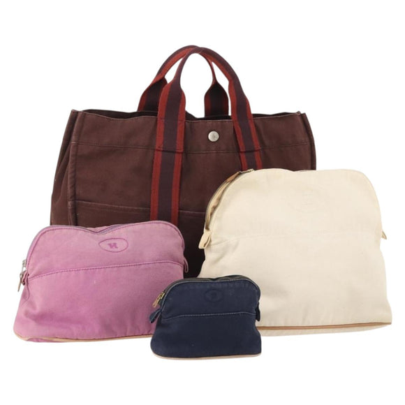 HERMES Fourre Tout Hand Bag Canvas 4 Set Bordeaux White pink Auth bs34897