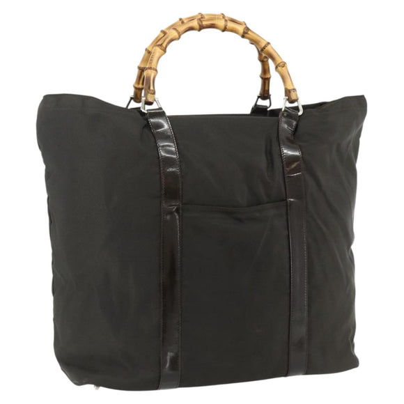 GUCCI Bamboo Tote Bag Nylon Khaki Silver 002 2058 0412 5 Auth bs34905