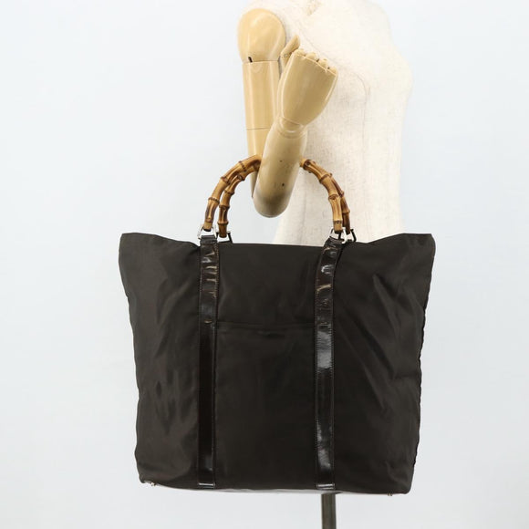 GUCCI Bamboo Tote Bag Nylon Khaki Silver 002 2058 0412 5 Auth bs34905
