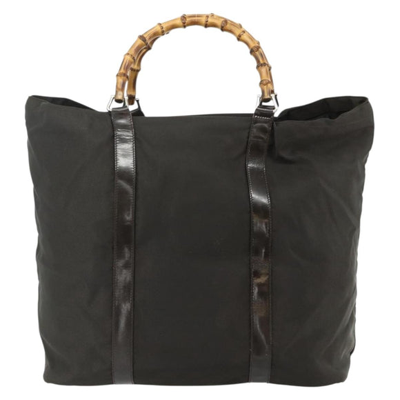 GUCCI Bamboo Tote Bag Nylon Khaki Silver 002 2058 0412 5 Auth bs34905