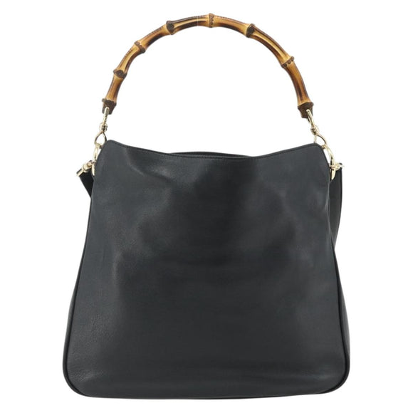 GUCCI Bamboo Hand Bag Leather 2way Black Gold 001 2123 1638 Auth bs34924