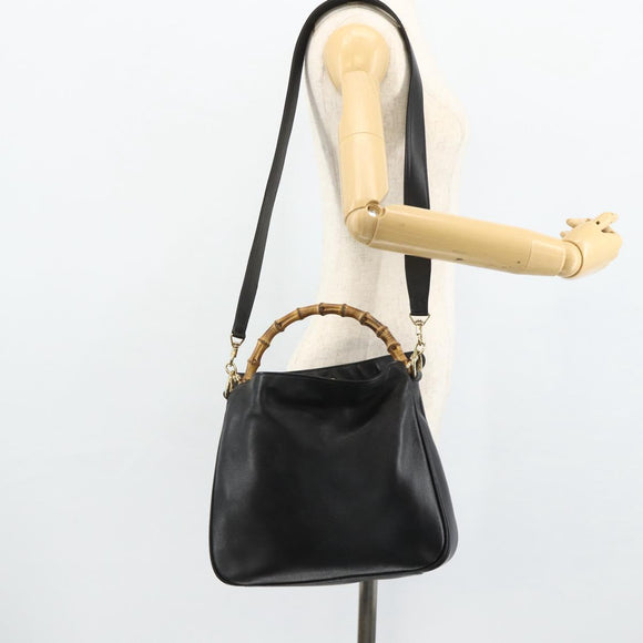GUCCI Bamboo Shoulder Bag Leather 2way Black Gold 001 3444 1638 Auth bs34925