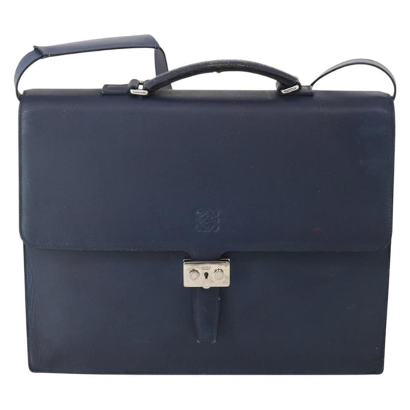 LOEWE Anagram Business Bag Leather 2way Navy Silver Auth bs34926