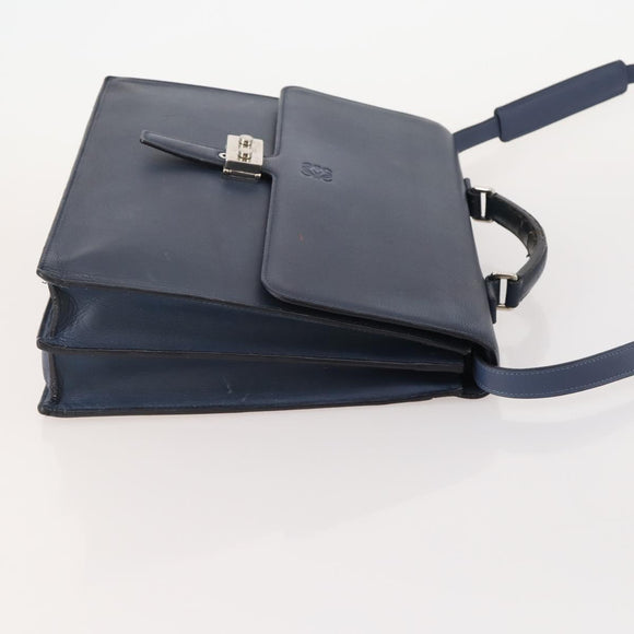 LOEWE Anagram Business Bag Leather 2way Navy Silver Auth bs34926