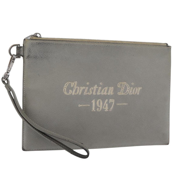 Christian Dior Clutch Bag Leather Gray Silver Auth bs34937