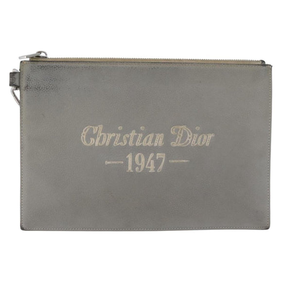 Christian Dior Clutch Bag Leather Gray Silver Auth bs34937