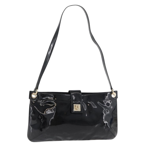 Salvatore Ferragamo Gancini Shoulder Bag Patent leather Black Gold Auth bs34939