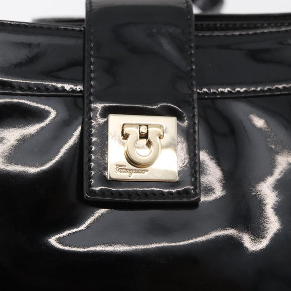 Salvatore Ferragamo Gancini Shoulder Bag Patent leather Black Gold Auth bs34939