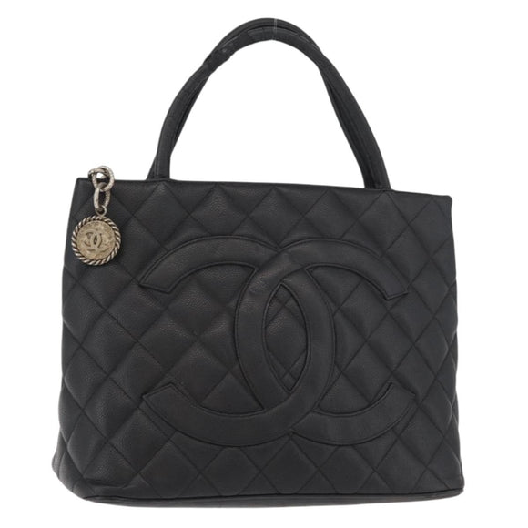CHANEL Standard Tote Bag Caviar Skin Black Silver CC Auth bs34946