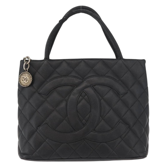 CHANEL Standard Tote Bag Caviar Skin Black Silver CC Auth bs34946