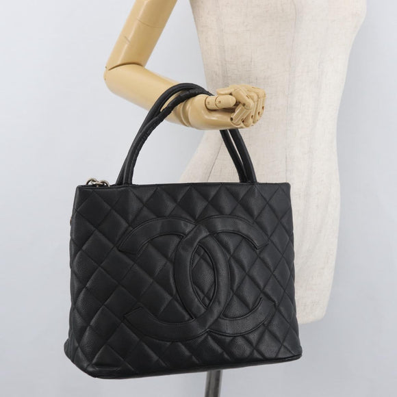 CHANEL Standard Tote Bag Caviar Skin Black Silver CC Auth bs34946