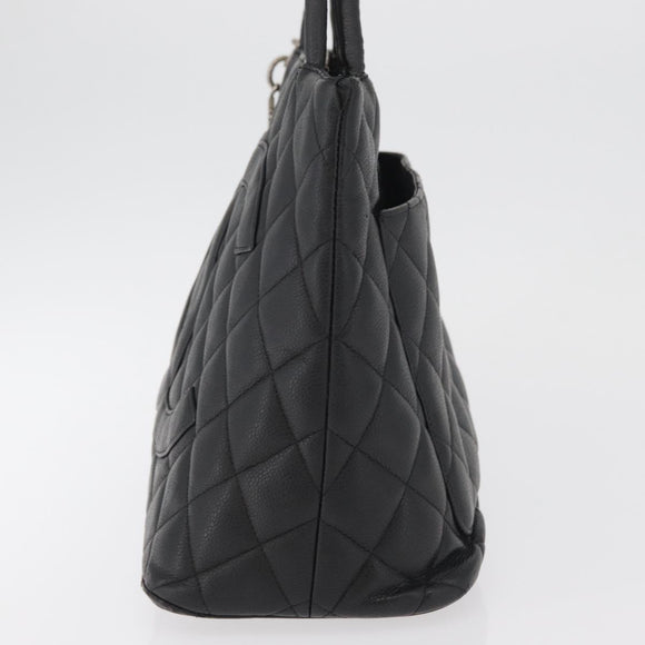 CHANEL Standard Tote Bag Caviar Skin Black Silver CC Auth bs34946