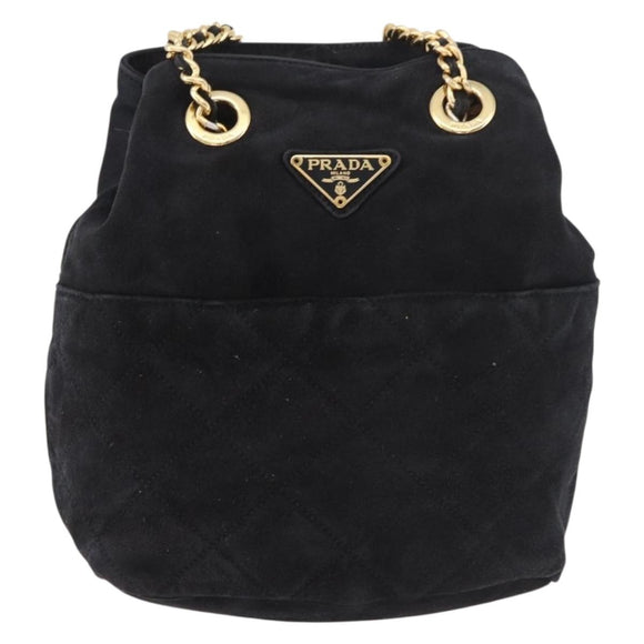 PRADA Chain Shoulder Bag Suede Black Gold Auth bs34965