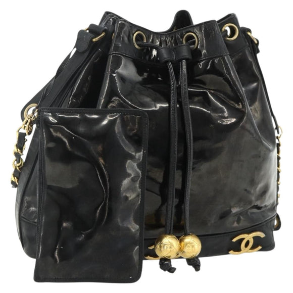 CHANEL Tas Ketting Schoudertas Lakleer Zwart Goud CC Auth bs34966