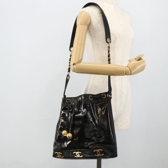 CHANEL Tas Ketting Schoudertas Lakleer Zwart Goud CC Auth bs34966