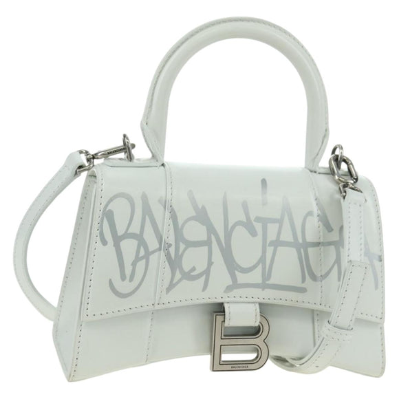 BALENCIAGA Hour Glass Hand Bag Leather 2way White Silver 592833 Auth bs34969M
