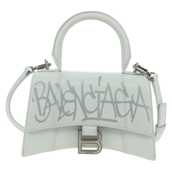 BALENCIAGA Hour Glass Hand Bag Leather 2way White Silver 592833 Auth bs34969M