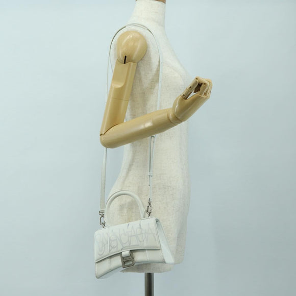 BALENCIAGA Hour Glass Hand Bag Leather 2way White Silver 592833 Auth bs34969M