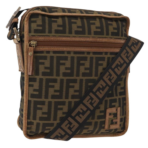 FENDI Zucca Canvas Shoulder Bag Brown Black Auth bs35004