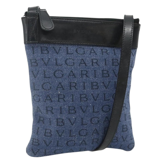 BVLGARI Logo Mania Shoulder Bag Denim Blue Silver Auth bs35006