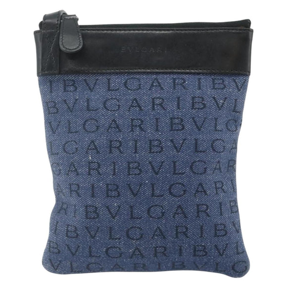 BVLGARI Logo Mania Shoulder Bag Denim Blue Silver Auth bs35006