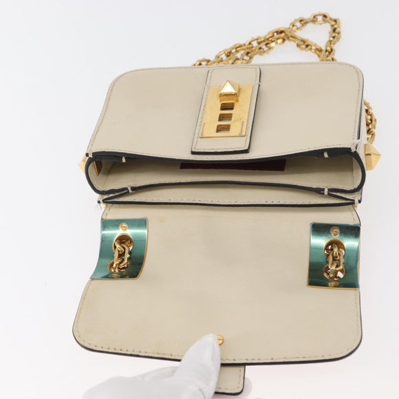 VALENTINO Schoudertas met ketting Leer Ivoor Goud Auth bs35039A