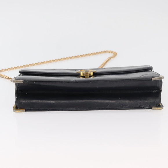 Christian Dior Chain Shoulder Bag Leather Navy Gold Auth bs35041