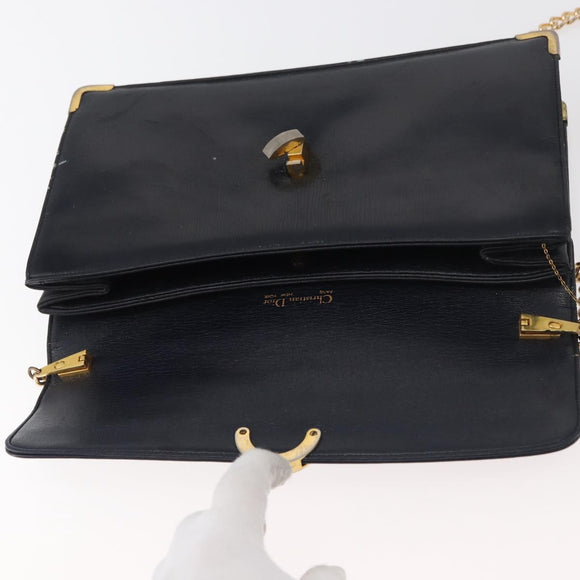 Christian Dior Chain Shoulder Bag Leather Navy Gold Auth bs35041