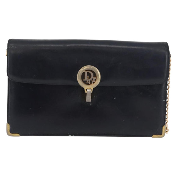 Christian Dior Chain Shoulder Bag Leather Navy Gold Auth bs35041