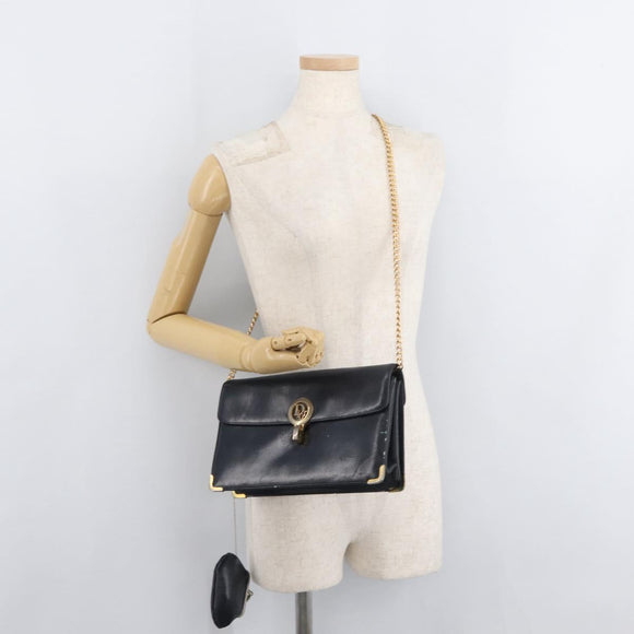 Christian Dior Chain Shoulder Bag Leather Navy Gold Auth bs35041