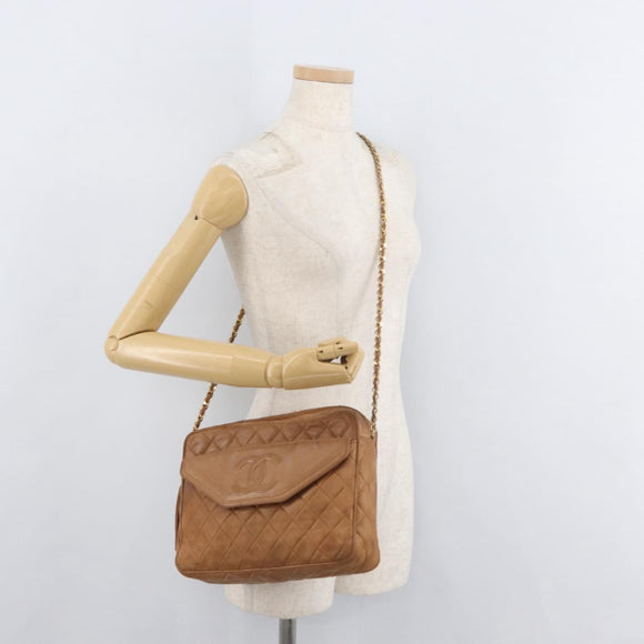 CHANEL Matelasse Chain Shoulder Bag Lamb Skin Brown Gold CC Auth bs35057