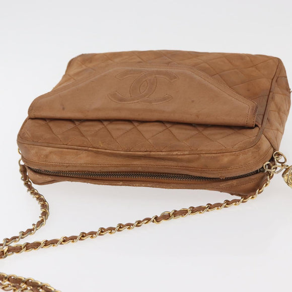 CHANEL Matelasse Chain Shoulder Bag Lamb Skin Brown Gold CC Auth bs35057