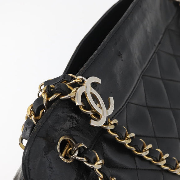 CHANEL Chain Shoulder Bag Lamb Skin Black Gold CC Auth bs35059
