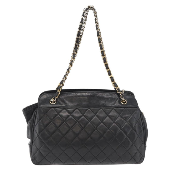 CHANEL Chain Shoulder Bag Lamb Skin Black Gold CC Auth bs35059