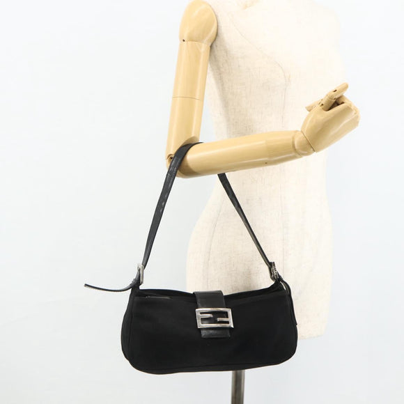 FENDI Mamma Baguette Shoulder Bag Nylon Black Silver Auth bs35060