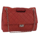 CHANEL Chain Matelasse 2.55 Shoulder Bag Lamb Skin Red Silver CC Auth bs35062V-1