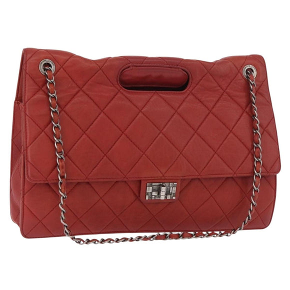 CHANEL Chain Matelasse 2.55 Shoulder Bag Lamb Skin Red Silver CC Auth bs35062V
