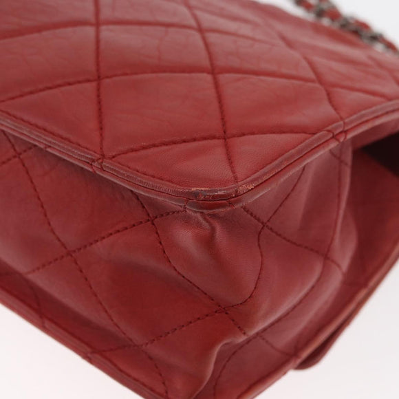 CHANEL Chain Matelasse 2.55 Shoulder Bag Lamb Skin Red Silver CC Auth bs35062V