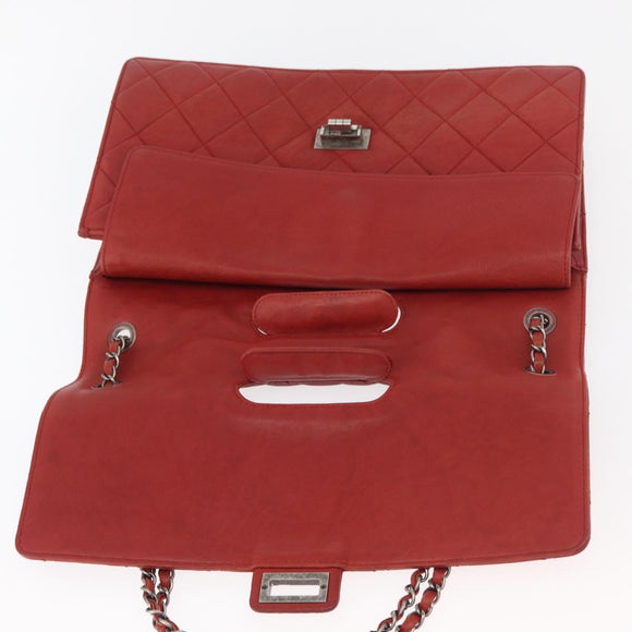 CHANEL Chain Matelasse 2.55 Shoulder Bag Lamb Skin Red Silver CC Auth bs35062V