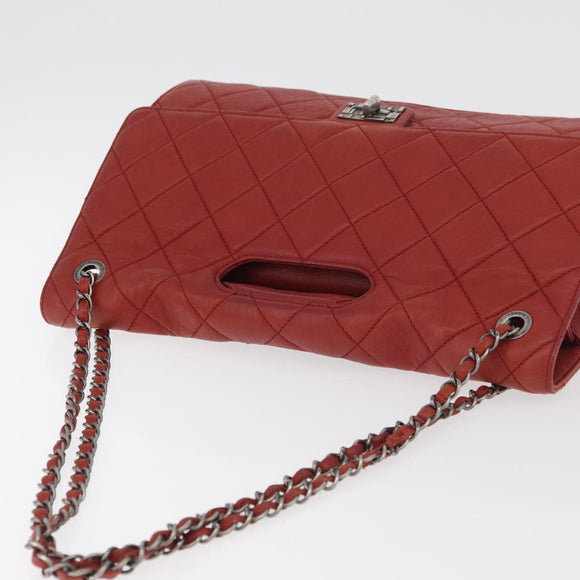 CHANEL Chain Matelasse 2.55 Shoulder Bag Lamb Skin Red Silver CC Auth bs35062V
