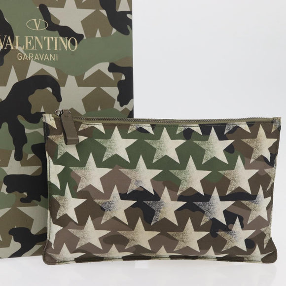 VALENTINO Camouflage Clutch Bag Nylon Khaki Silver Auth bs35068A