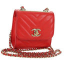 CHANEL V Stitch Shoulder Bag Lamb Skin Gold Red CC Auth bs35072M-1