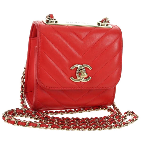 CHANEL V-Stich Umhängetasche Lammleder Gold Rot CC Auth bs35072M