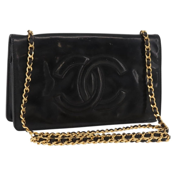CHANEL Chain Wallet Patent leather Black Silver CC Auth bs35074
